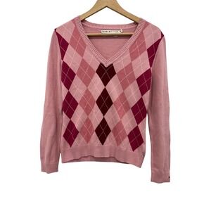 Tommy Hilfiger S/R Pink Argyle V Neck Cotton Sweater Preppy Knit